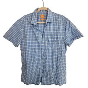 Boss Hugo Boss Shirt Button Front Short Sleeve Blue White Plaid Men XL Slim Fit